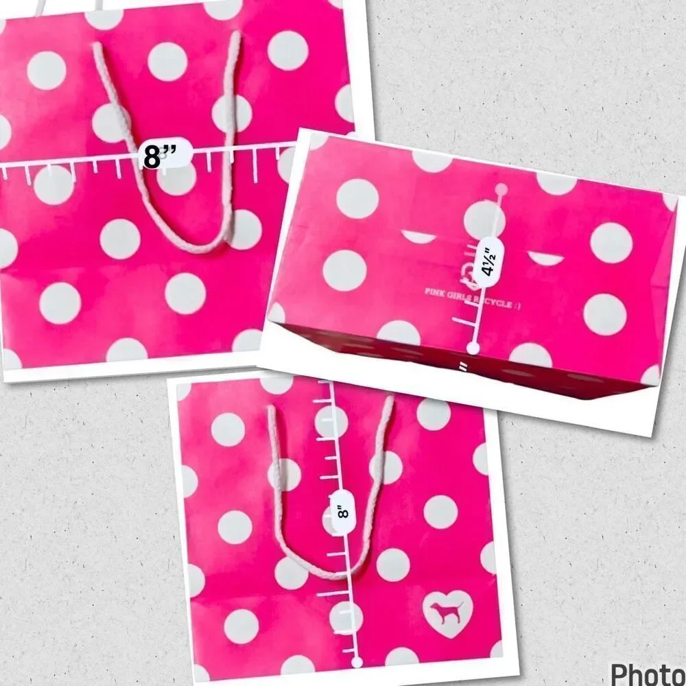 New 4 Victoria's Secret PINK Polka Dots 8”Hx8”Wx4.5”D Paper Gift Shopping Bags